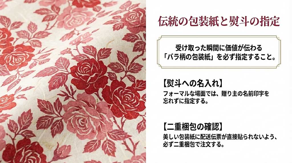 バラ柄の包装紙、熨斗の名入れ、二重梱包の重要性を説明するスライド