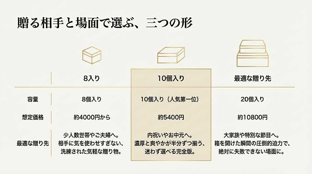 容量・価格・最適な贈り先をまとめた比較表。少人数世帯向けから大家族向けまでのガイド
