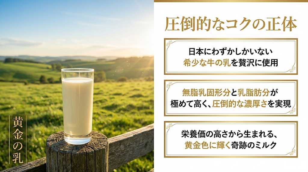 牧場の風景を背景に置かれた、黄金色に輝くガーンジィゴールデンミルクのグラス。圧倒的な濃厚さと栄養価の高さを解説