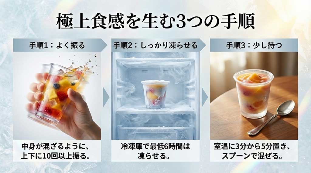 振る、凍らせる、待つの3ステップを解説した手順スライド