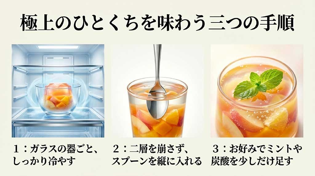器ごと冷やす・スプーンを縦に入れる・ミントや炭酸を足すというジュレを味わう3つの手順