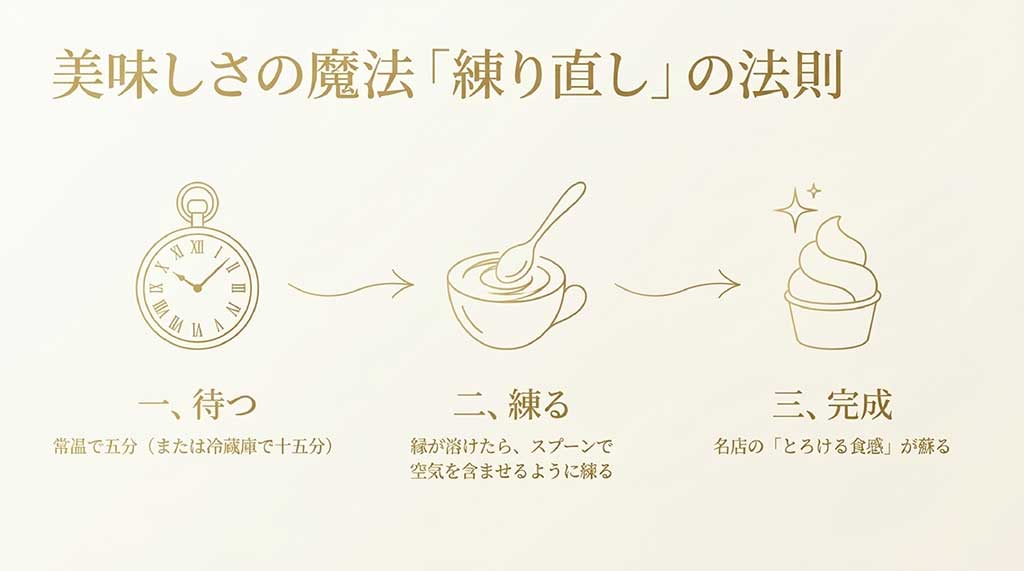 ジェラートを常温で待ち、練り直して食べる手順の解説図