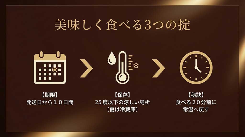 発送から10日の賞味期限、25度以下の保存、食べる20分前に常温に戻すコツの解説