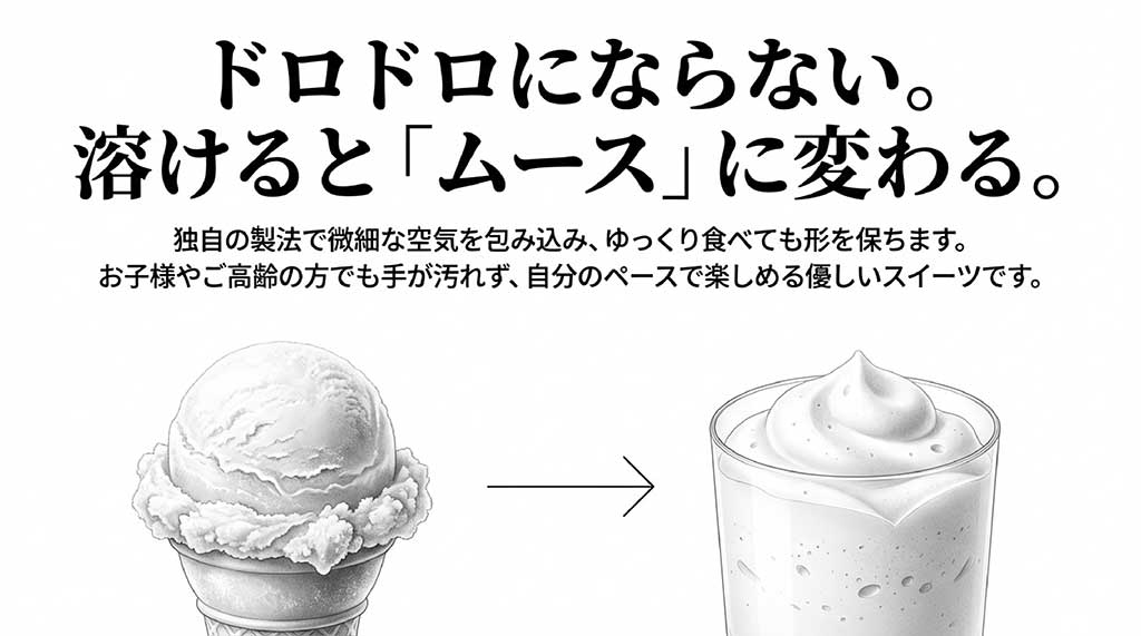 独自の製法で空気を包み込み、溶けてもドロドロにならずムース状になる説明。子供や高齢者に優しいスイーツ