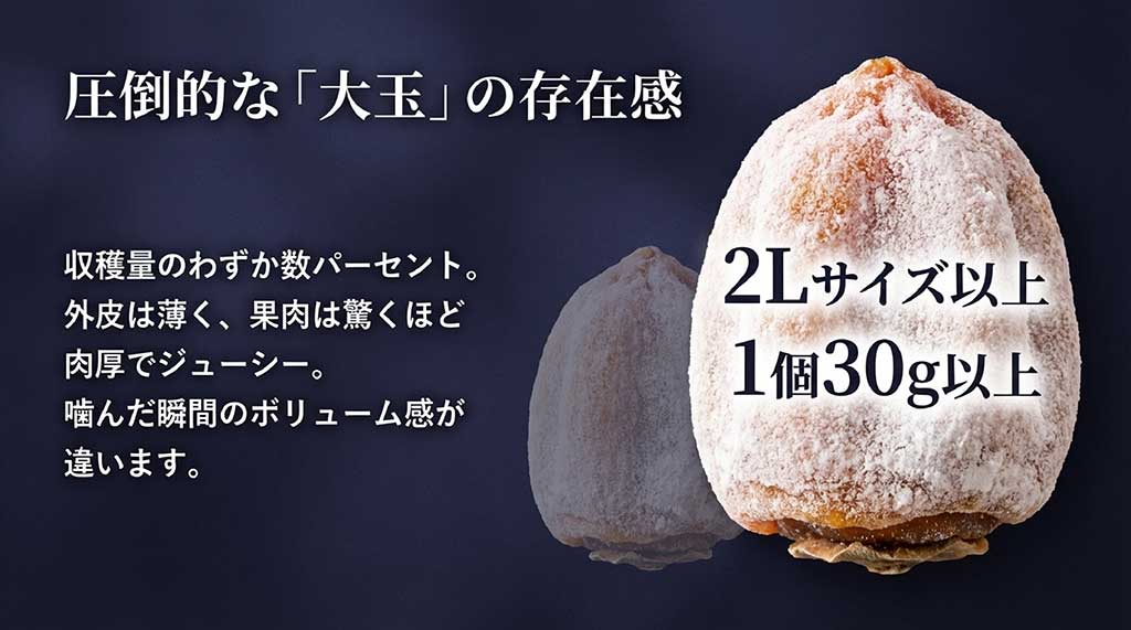 収穫量のわずか数パーセントしかない2Lサイズ以上の肉厚な干し柿の説明