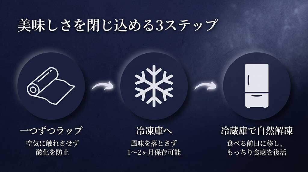 ラップ・冷凍・冷蔵庫での自然解凍という鮮度を保つための保存手順