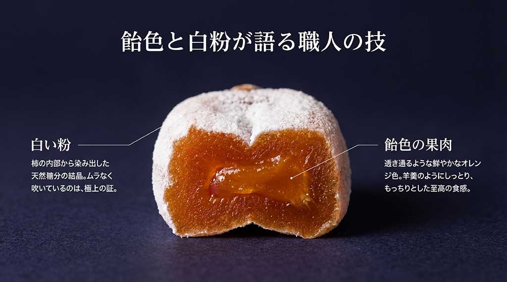 表面の白い粉と透き通るような飴色の果肉、もっちりとした食感の解説