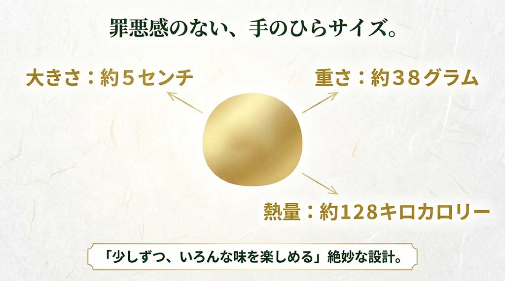 直径約5cm、重さ約38g、約128kcalという生大福のスペック情報