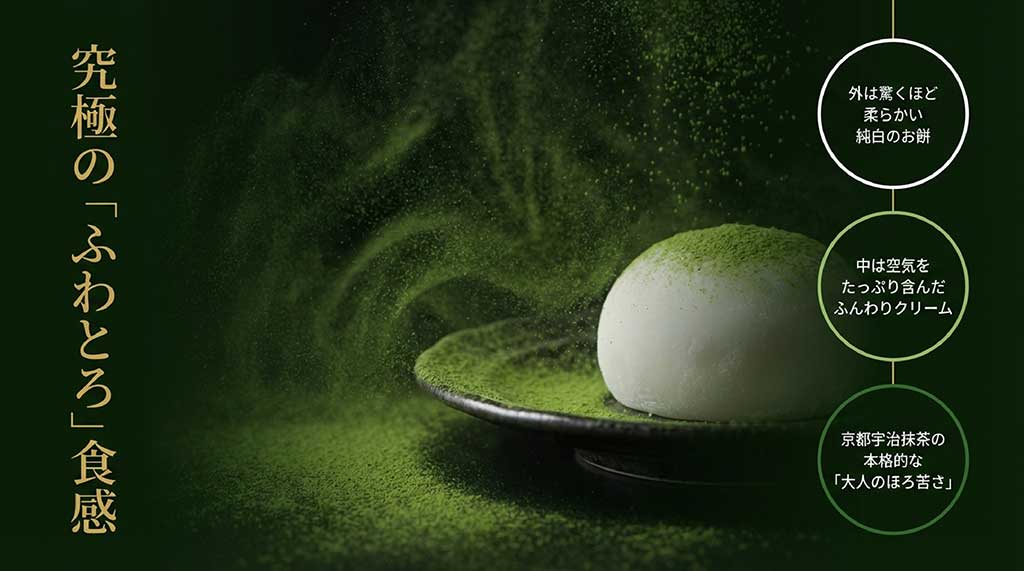 柔らかい餅とふんわりクリーム、京都宇治抹茶を使用した生大福の解説