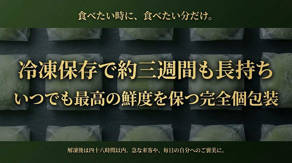 冷凍で約3週間保存可能な完全個包装の生大福と解凍後の期限