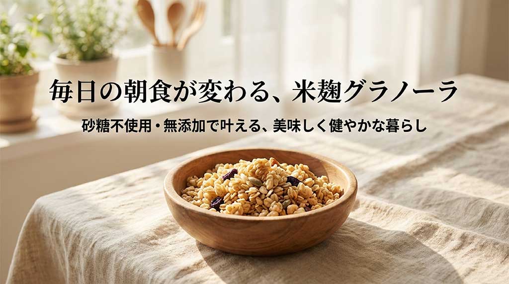 砂糖不使用・無添加の米麹グラノーラで毎日の朝食を変えるコンセプトスライド