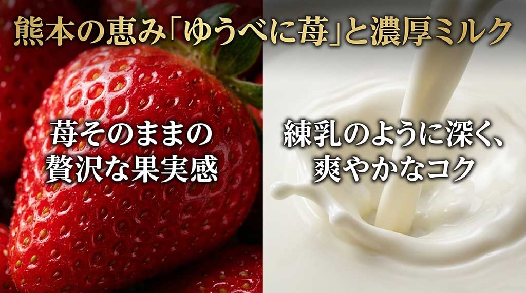 熊本の恵みである「ゆうべに苺」と濃厚なミルクを使用したジェラートの素材紹介