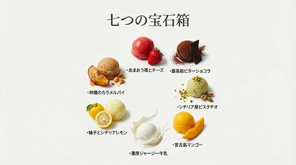 あまおう苺、ビターショコラ、ピスタチオ、マンゴーなど、ルピノーが誇る7種類のこだわりフレーバーのイメージ