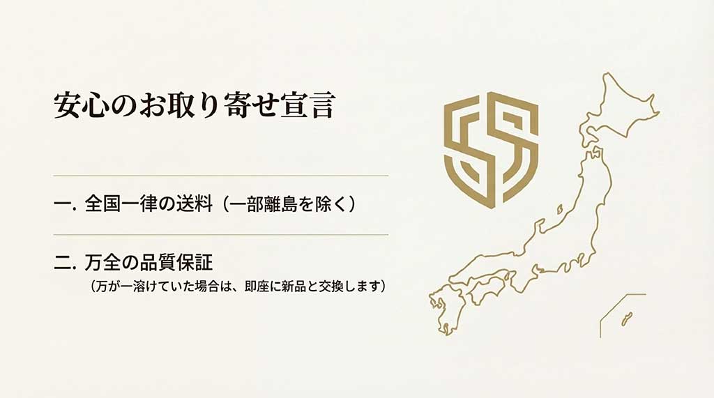 日本地図と共に示された、全国一律送料と、万が一溶けていた場合の新品交換を約束する品質保証の宣言