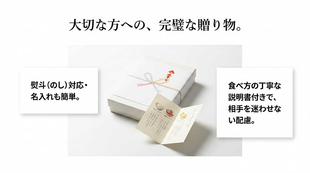 大切な方への贈り物に最適な熨斗対応、名入れ、食べ方の説明書が付属するギフトパッケージ