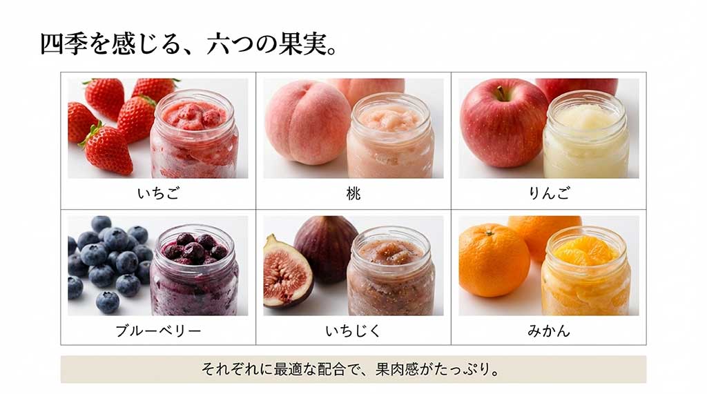 いちご、桃、りんご、ブルーベリー、いちじく、みかんの6種類の国産果実を使用したソルベのイメージ
