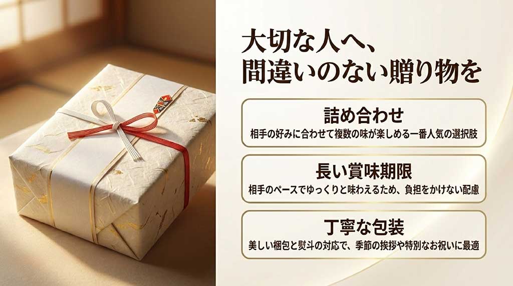 詰め合わせ内容、長い賞味期限、丁寧な包装と熨斗対応など、贈り物に最適な理由をまとめたスライド