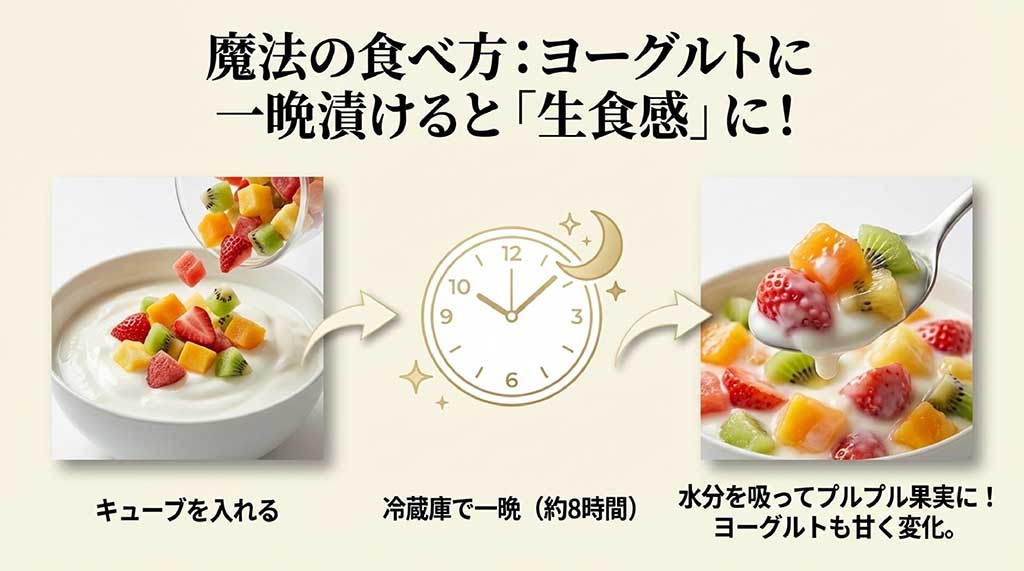 ドライフルーツをヨーグルトに一晩（約8時間）漬けることで、水分を吸ってプルプルになる魔法の食べ方の解説