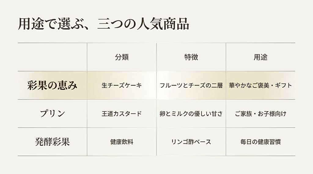 彩果の恵み・プリン・発酵彩果の特徴と用途の比較表スライド