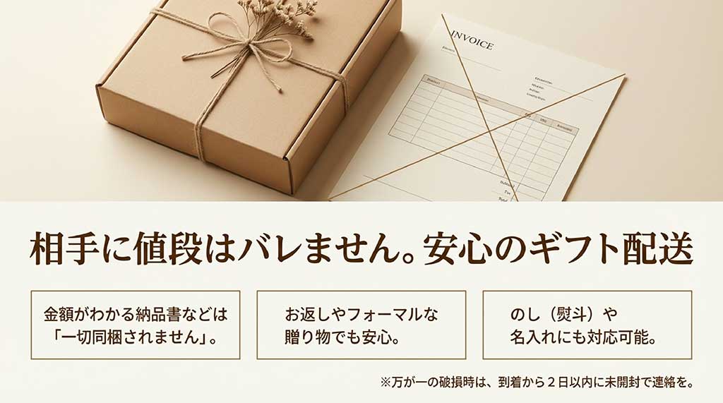 金額のわかる納品書が同梱されないことや、のし・名入れ対応について解説したギフト配送に関するスライド