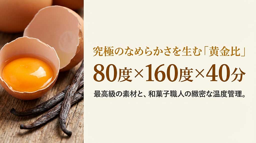 最高級のバニラビーンズと卵、80度×160度×40分の温度管理を説明するスライド