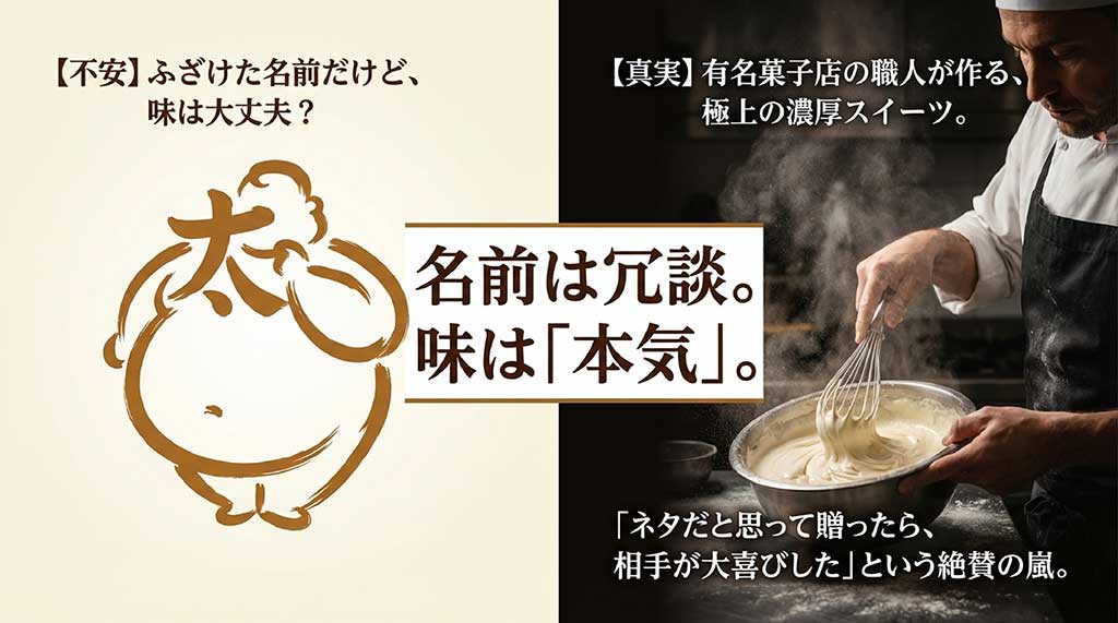 「名前は冗談。味は本気。」というキャッチコピーと、ネタだと思って贈ったら相手が大喜びしたというエピソードのスライド