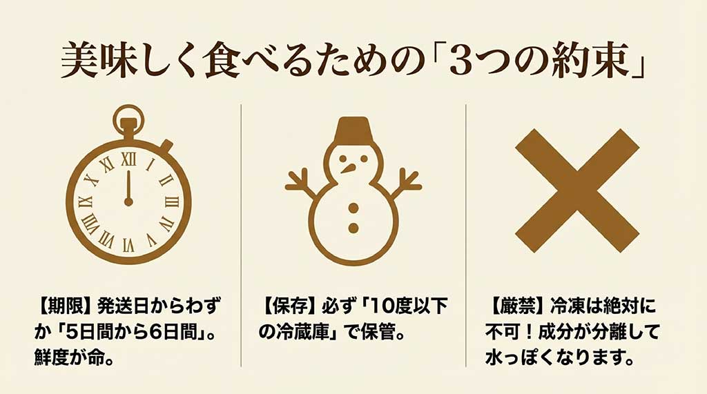 賞味期限は発送から5〜6日、10度以下で保存、冷凍厳禁という3つの約束を解説するスライド