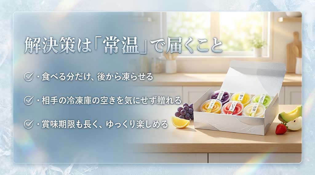 常温で届き、食べる分だけ凍らせる仕組みを説明するスライド