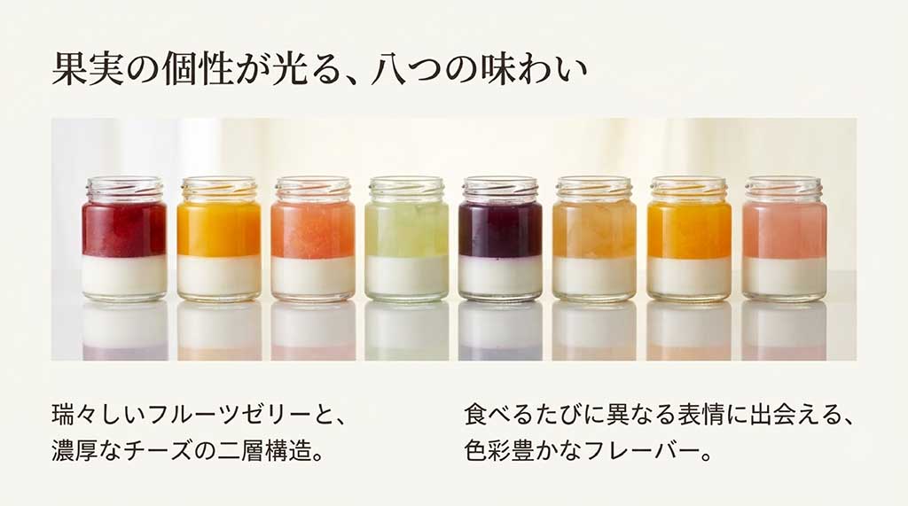 フルーツゼリーと濃厚チーズの二層構造が美しい全8フレーバーの比較画像
