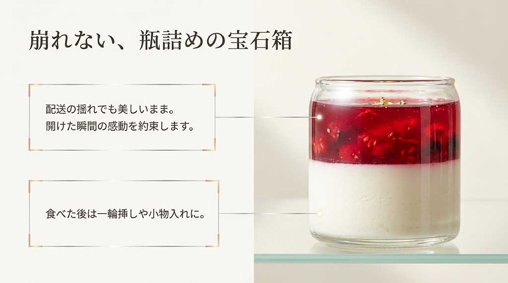 配送でも崩れず美しいまま届く瓶詰めの宝石箱のようなチーズケーキの解説