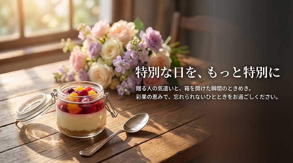 贈る人と受け取る人のときめきを約束する彩果の恵みのエンディングスライド