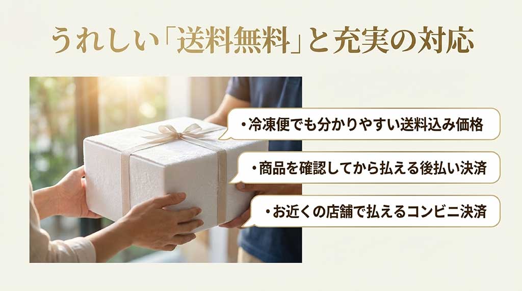 冷凍便送料無料の案内と、後払い・コンビニ決済などの支払い方法一覧