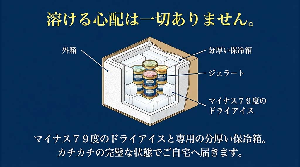 発泡スチロール箱、マイナス79度のドライアイスを使用した厳重な梱包構造のイラスト図解スライド