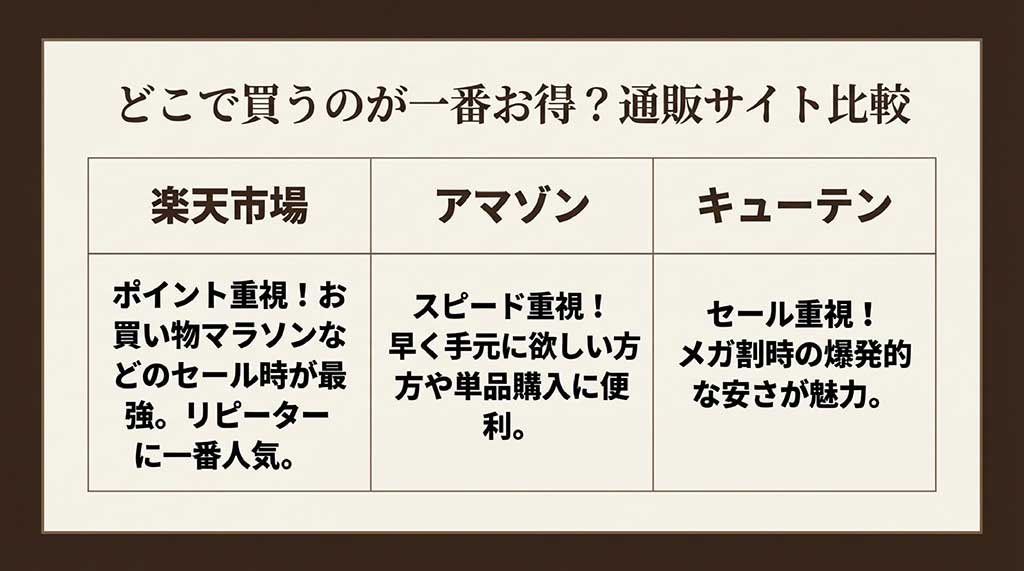 楽天市場、アマゾン、Qoo10の各通販サイトのメリット比較表