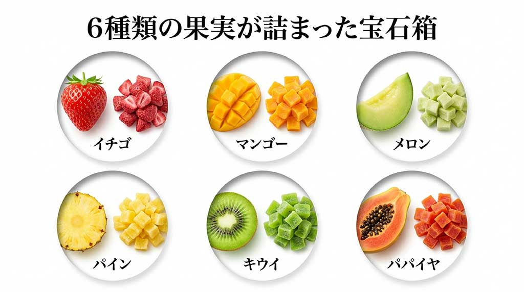 イチゴ、マンゴー、メロン、パイン、キウイ、パパイヤの6種類のドライフルーツが、ダイスカットされて並んでいる様子