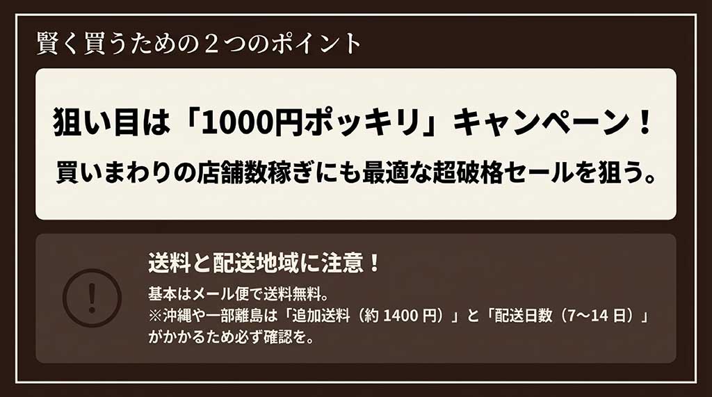 1000円ポッキリキャンペーンの狙い目と沖縄・離島の追加送料への注意書き