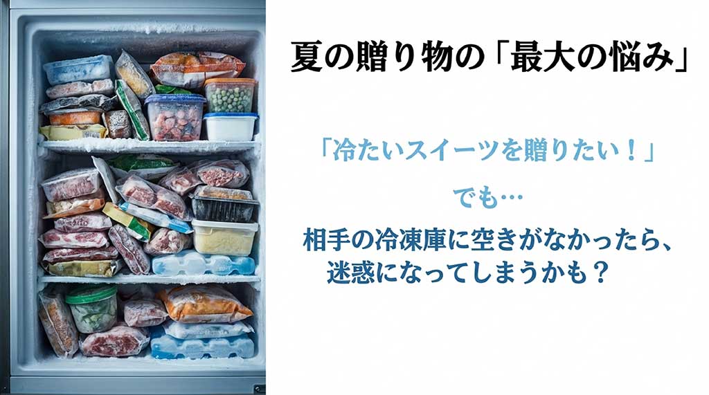 冷凍庫が詰まっていて贈り物が入らない悩みを表現したスライド