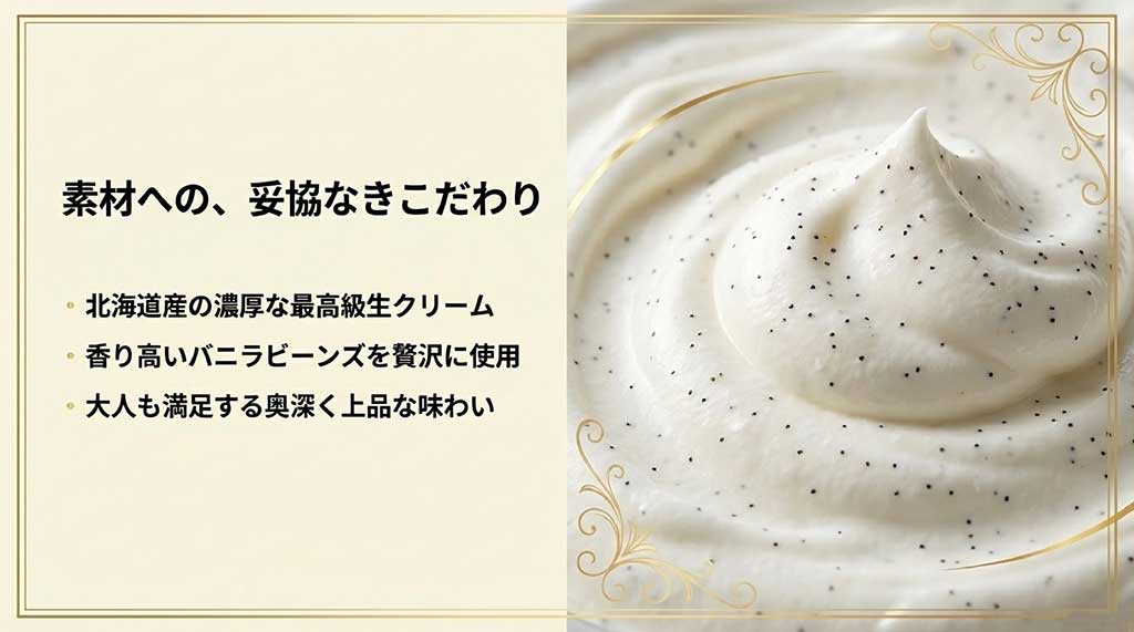 素材へのこだわり。北海道産最高級生クリームとバニラビーンズを贅沢に使用した上品な味わいの解説
