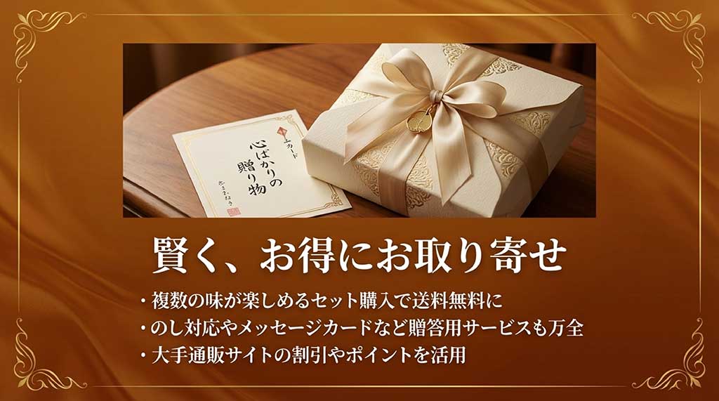 お得なお取り寄せ方法。セット購入での送料無料対応や、ギフトサービス、通販サイトのポイント活用術の紹介