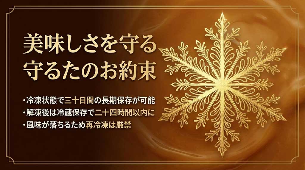 保存のお約束。冷凍で30日間、解凍後は24時間以内。再冷凍は厳禁であることの注意書き