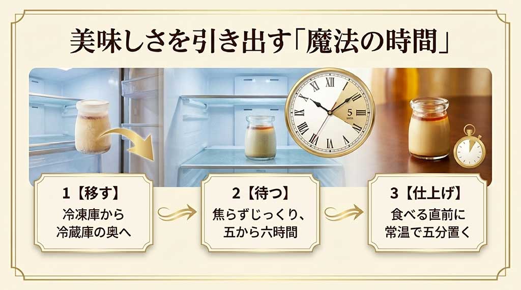 美味しさを引き出す魔法の時間。冷蔵庫で5〜6時間解凍し、食べる直前に常温で5分置くステップの解説