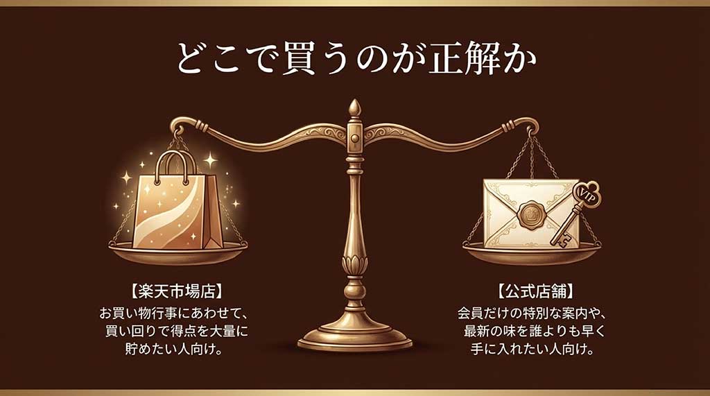 ポイント重視なら楽天店、最新情報や限定特典重視なら公式店舗というショップ選びの基準