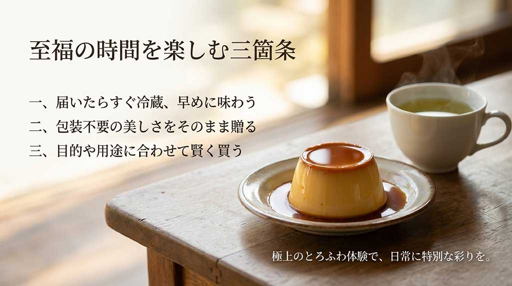 鮮度管理、贈り方、賢い買い方の三箇条をまとめた、至福のプリン体験のためのチェックリスト