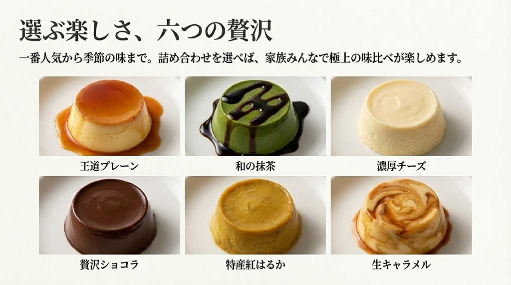 プレーン、抹茶、チーズ、ショコラ、紅はるか、生キャラメルの全6種類のラインナップ紹介