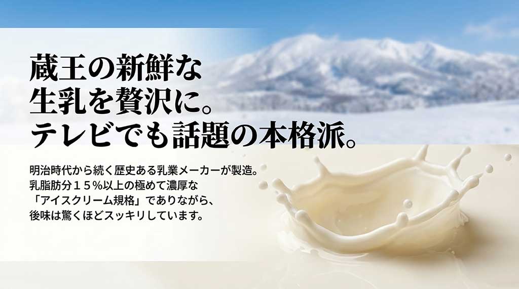 蔵王の新鮮な生乳を使用し、乳脂肪分15%以上のアイスクリーム規格。明治時代からの歴史あるメーカー製造