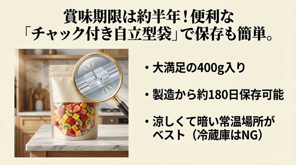 400g入りのチャック付き自立型袋のパッケージと、涼しくて暗い常温場所での保存を推奨する説明