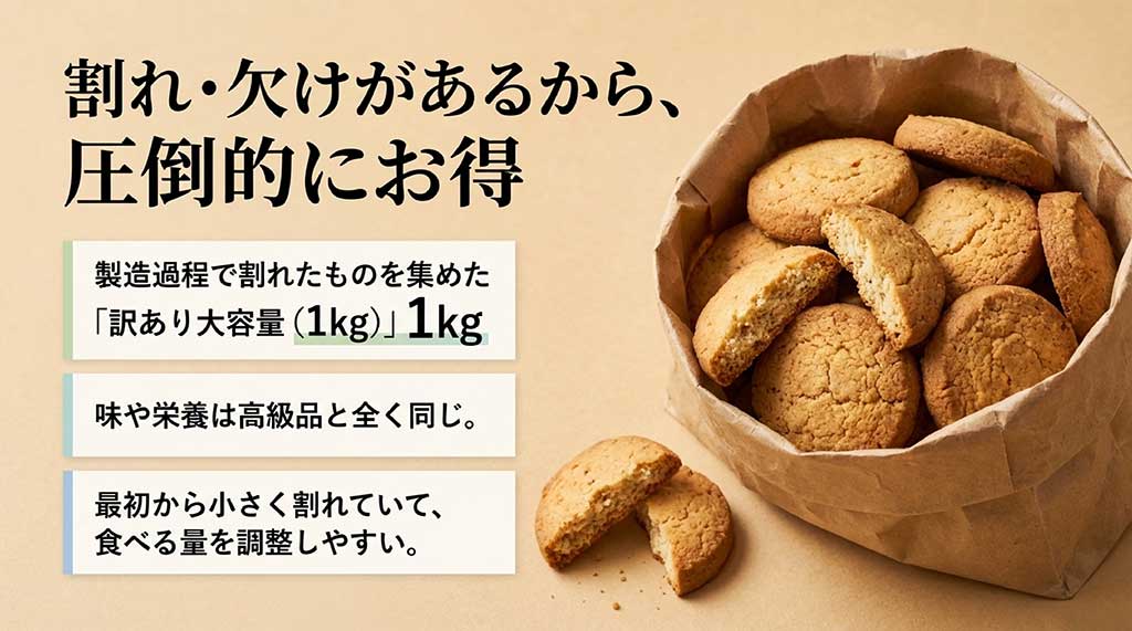 製造過程で割れたものを集めた1kg入りの訳あり品。味や栄養は高級品と同じで、食べる量を調整しやすいメリットを解説
