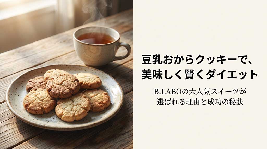 B.LABOの豆乳おからクッキー。美味しく賢くダイエットを成功させる秘訣を紹介するタイトルスライド