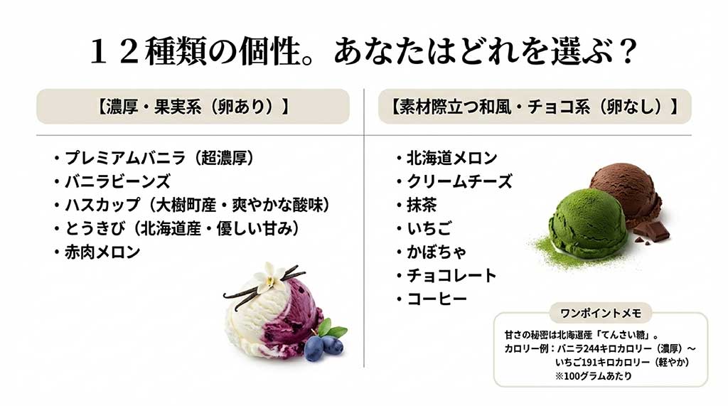 濃厚・果実系と和風・チョコ系の全12種類のフレーバーと、てんさい糖、カロリー例の紹介