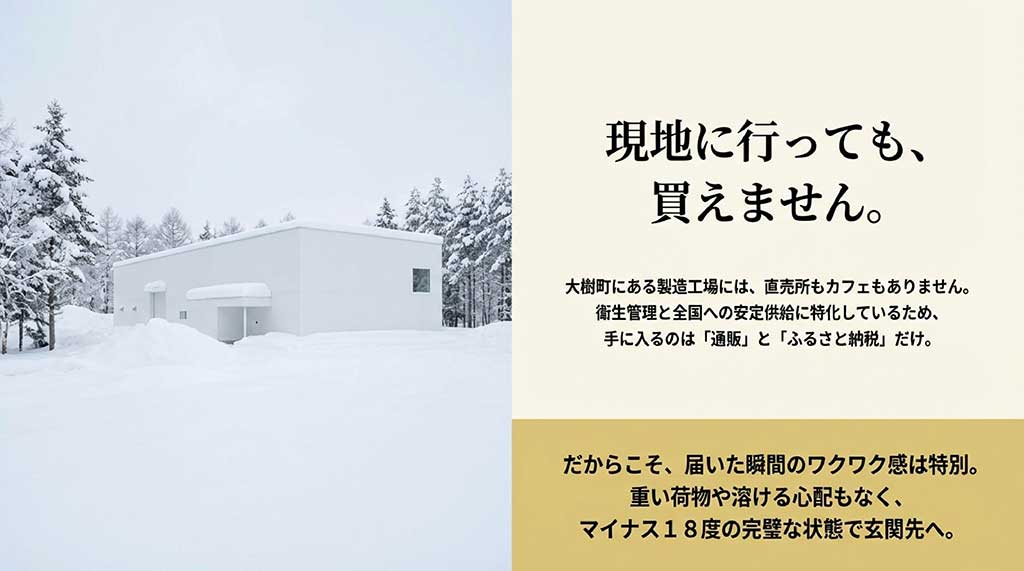 大樹町の工場には直売所がなく、通販とふるさと納税限定であることを説明するスライド